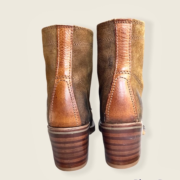 Frye Sabrina 6G Tan Suede/Leather Retro Lace Up Classic Combat Moto Ankle Boots - Picture 13 of 16